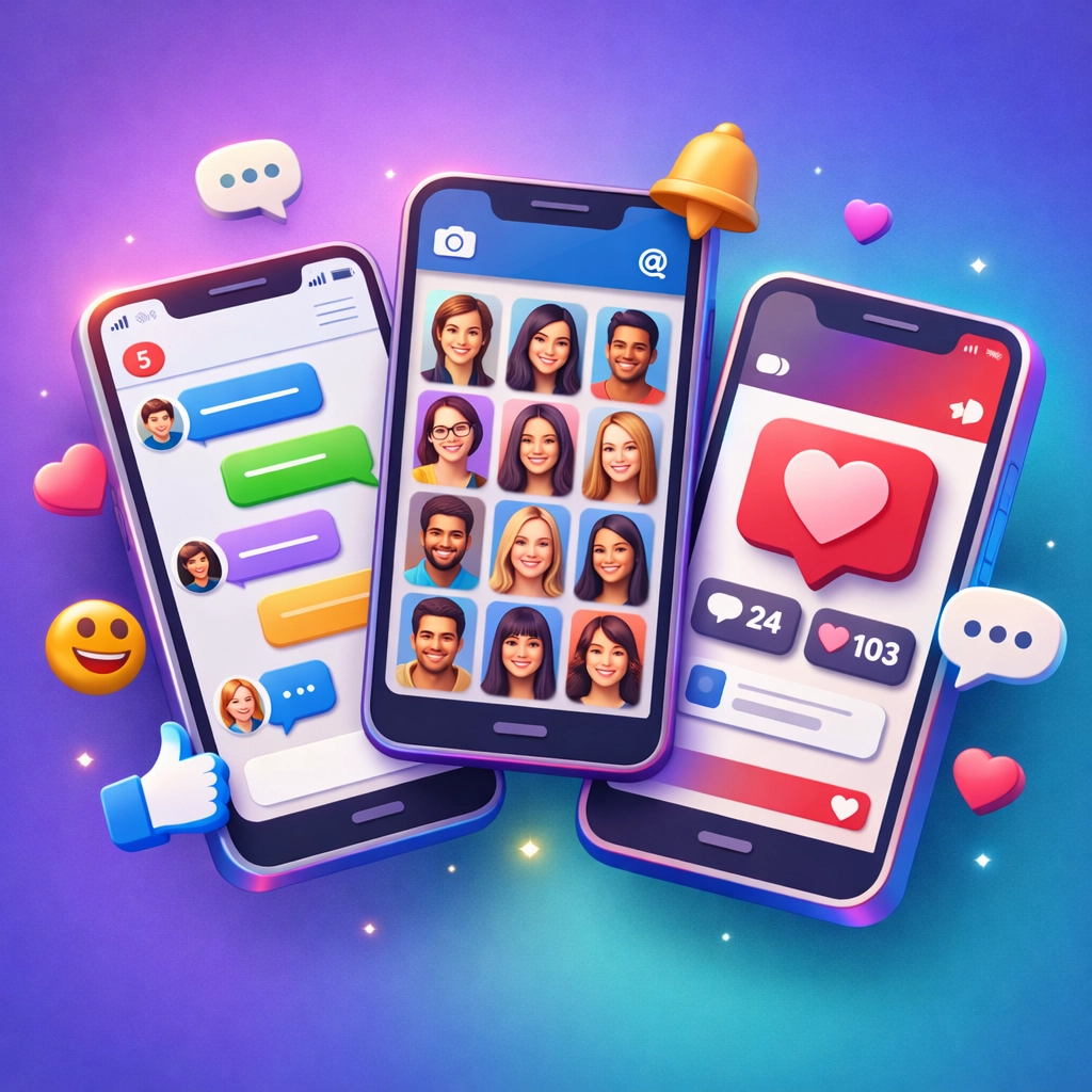 Multiple smartphone screens showing gay social apps and dating platforms for LGBTQ+ community connections