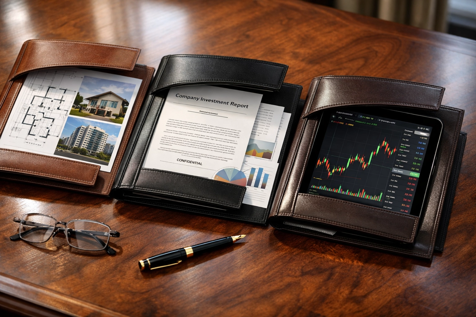 Investment portfolio folders showing real estate, private equity, and cryptocurrency allocations