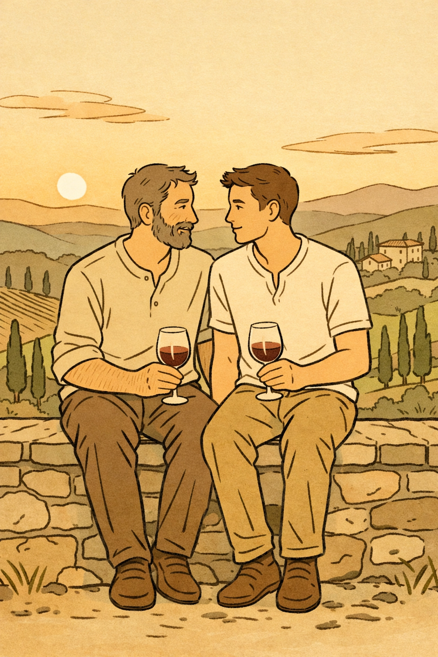 Two men sharing wine overlooking Tuscan valley at sunset in gay love story