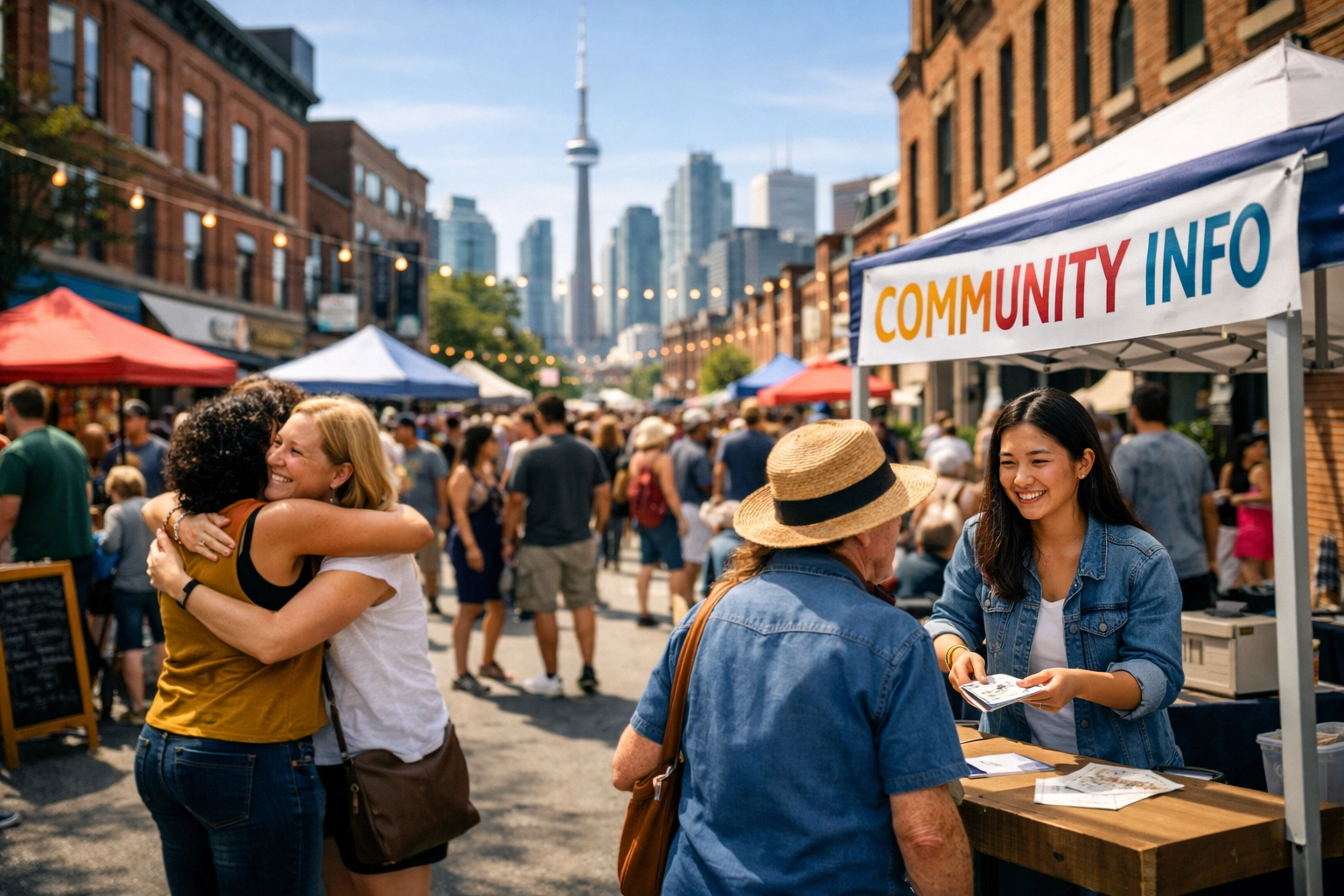 Bustling Toronto community street event with CN Tower skyline, showing local authority signals.