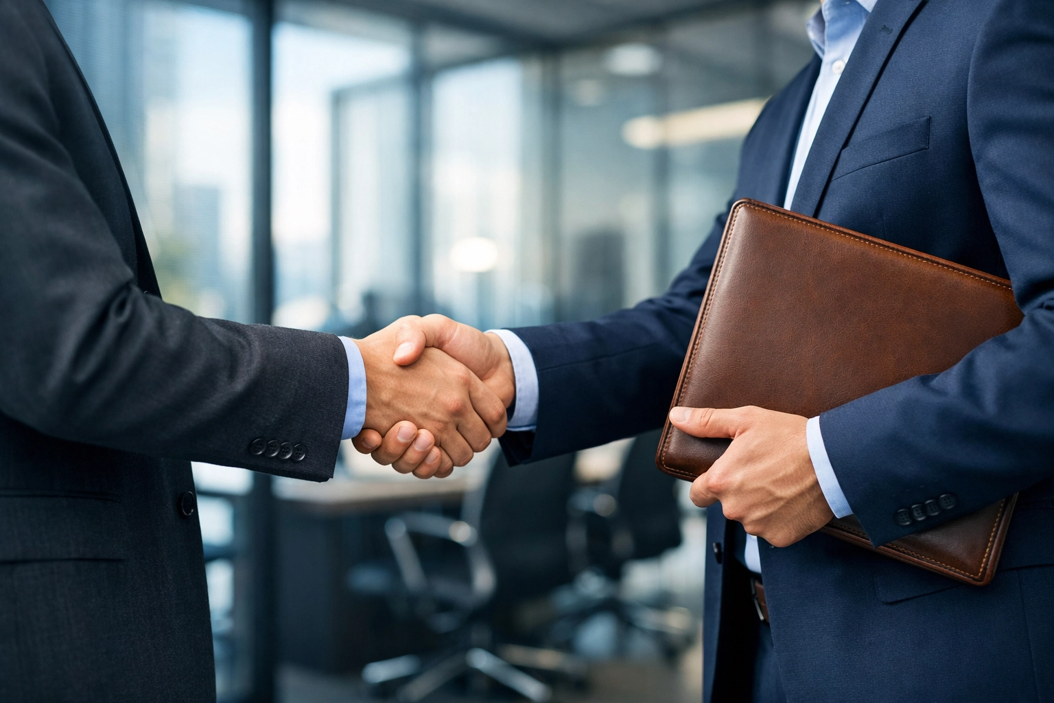 Professional real estate closing handshake between trustee and beneficiary