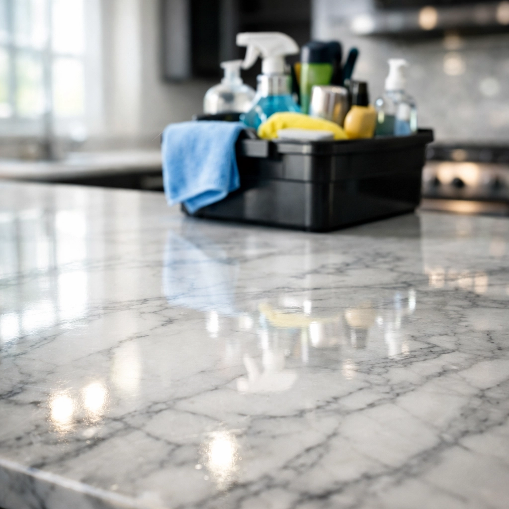 Polished marble countertop reflecting high-quality deep cleaning standards for Detroit rentals.
