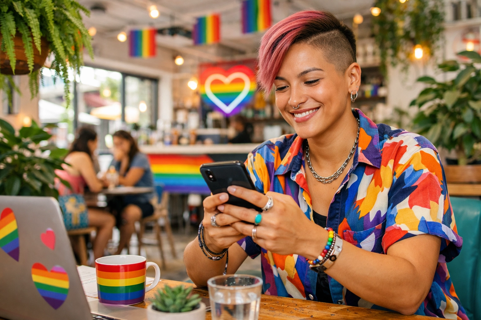 Stylish queer person using a smartphone to access modern sexual health resources in a bright cafe.