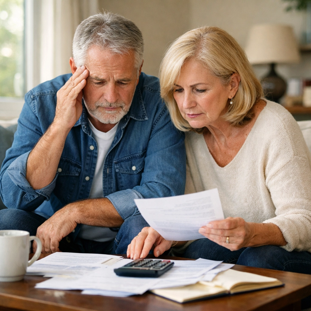 Retired couple reviewing financial documents and retirement savings plan at home