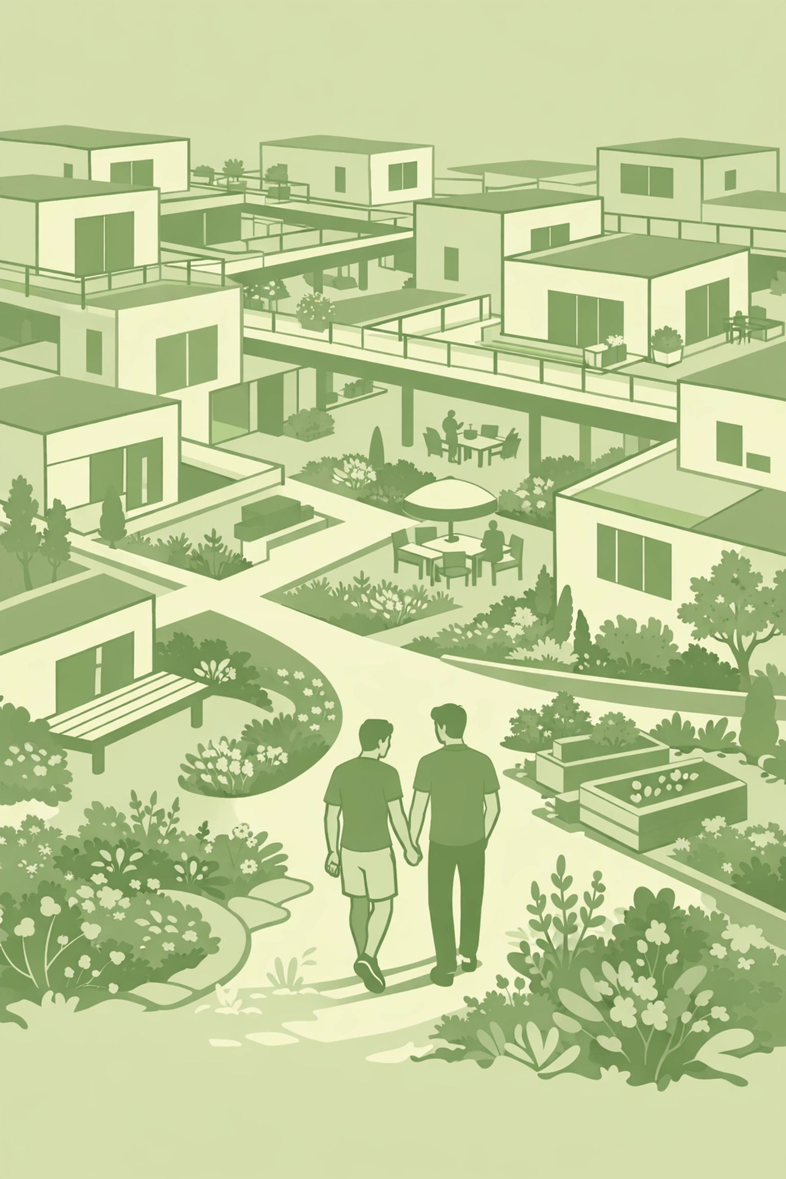 Male couple in communal garden surrounded by interconnected family housing