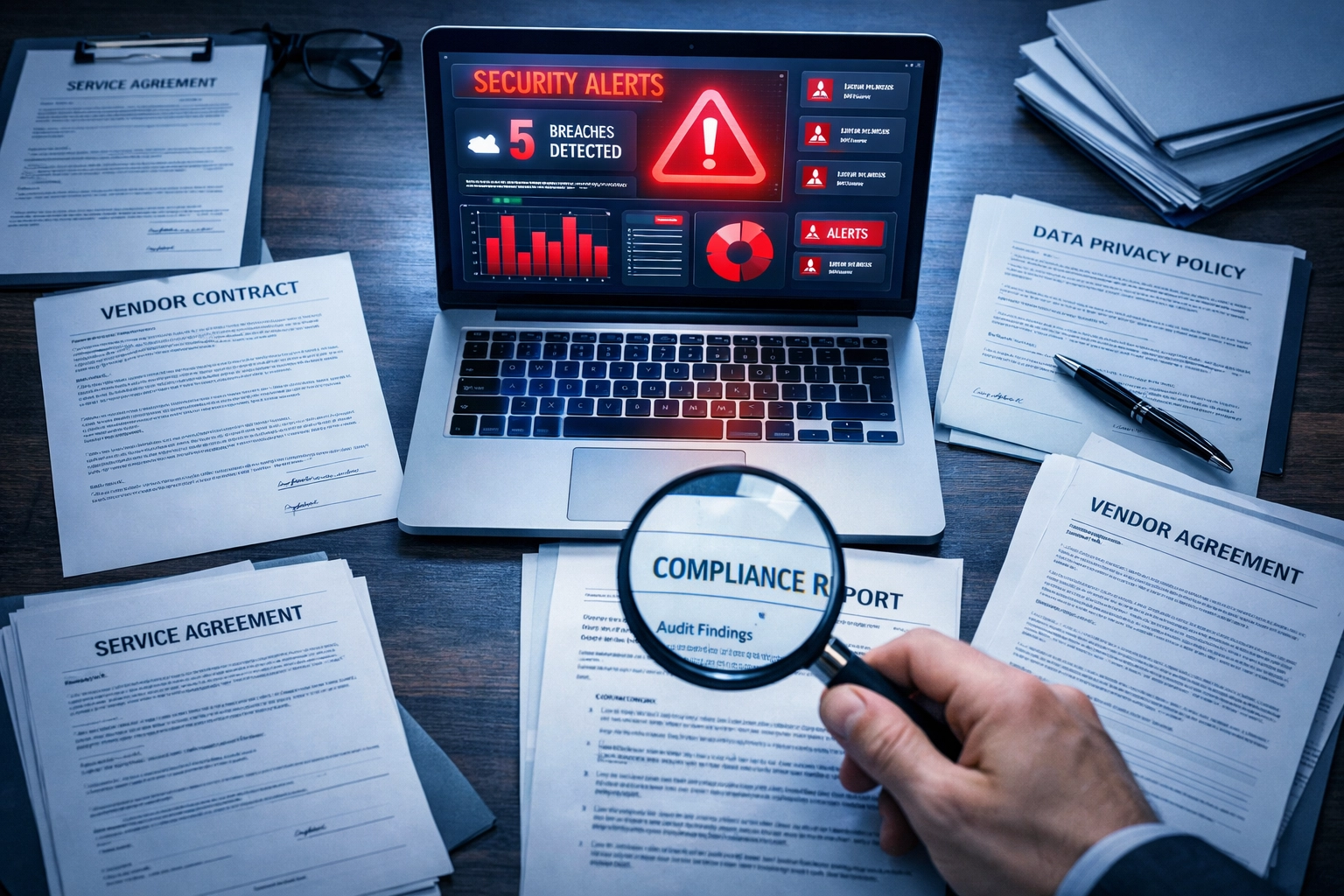Business professional reviewing vendor security compliance documents with magnifying glass and dashboard