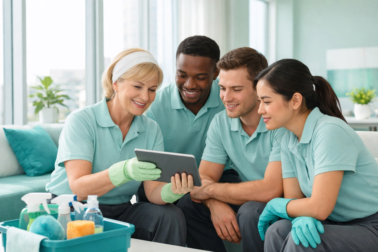 A diverse team of professional cleaners undergoing specialized office cleaning training in a bright lounge.