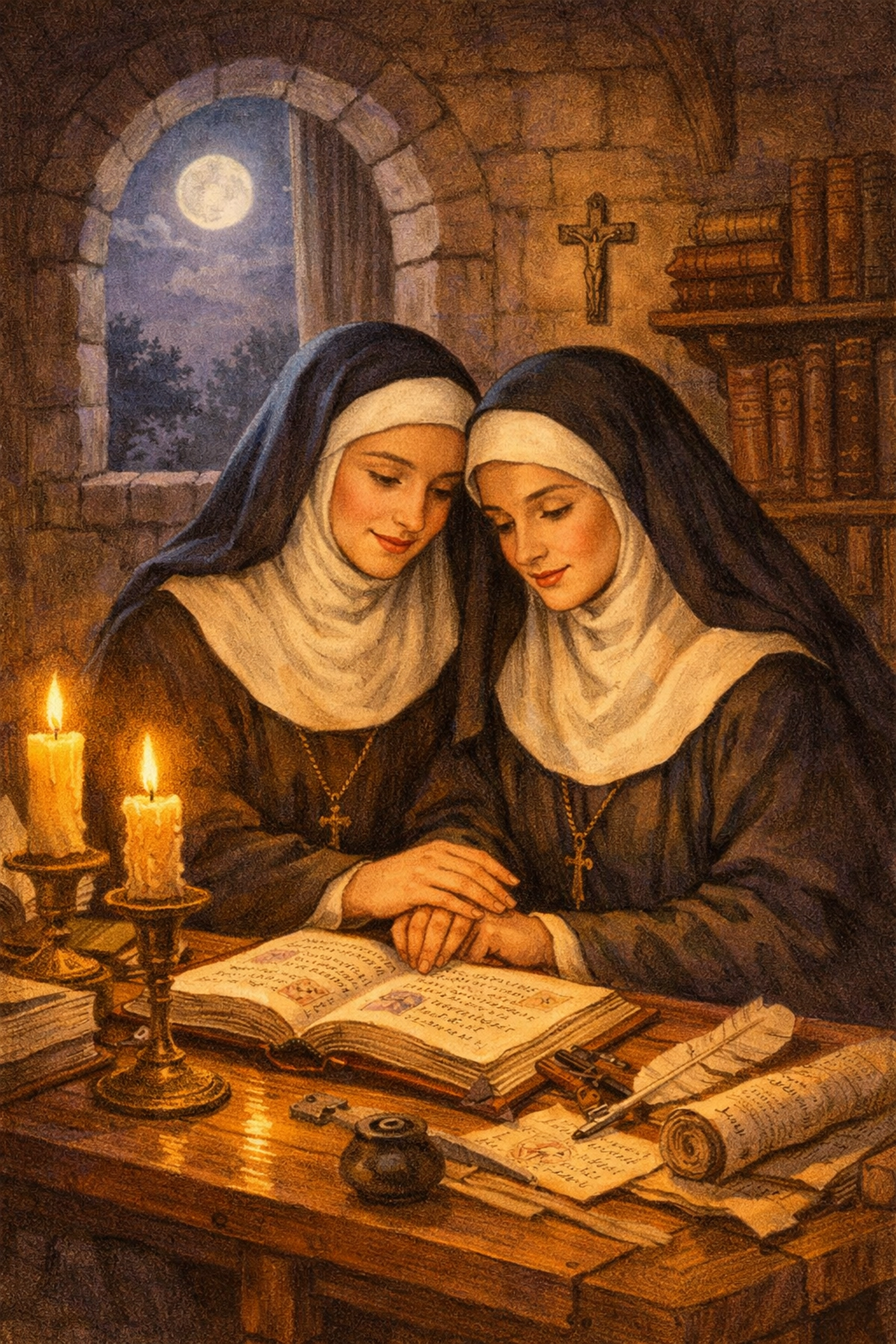 Two medieval nuns sharing intimate moment in scriptorium depicting romantic friendships in convents