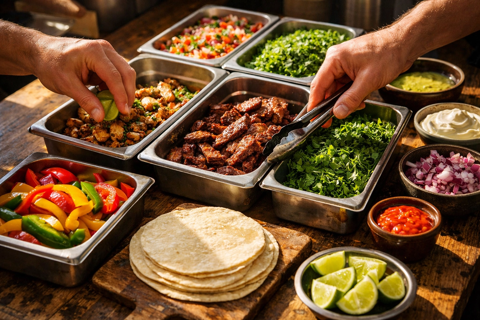 Fresh prepped ingredients for pick-up catering with meats, peppers, and tortillas ready to serve