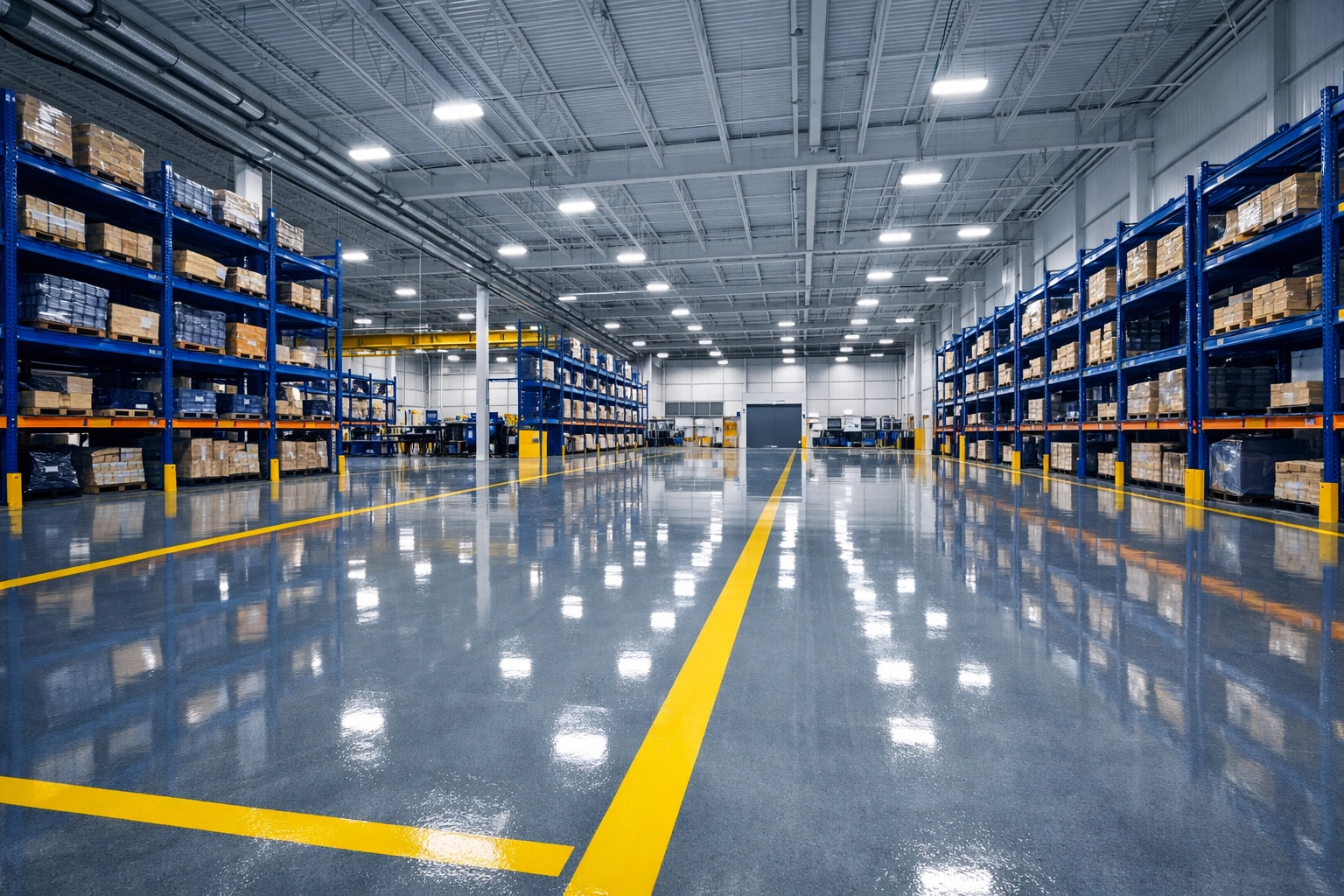 Professional industrial cleaning in a Leominster warehouse featuring polished concrete floors and safety lines.