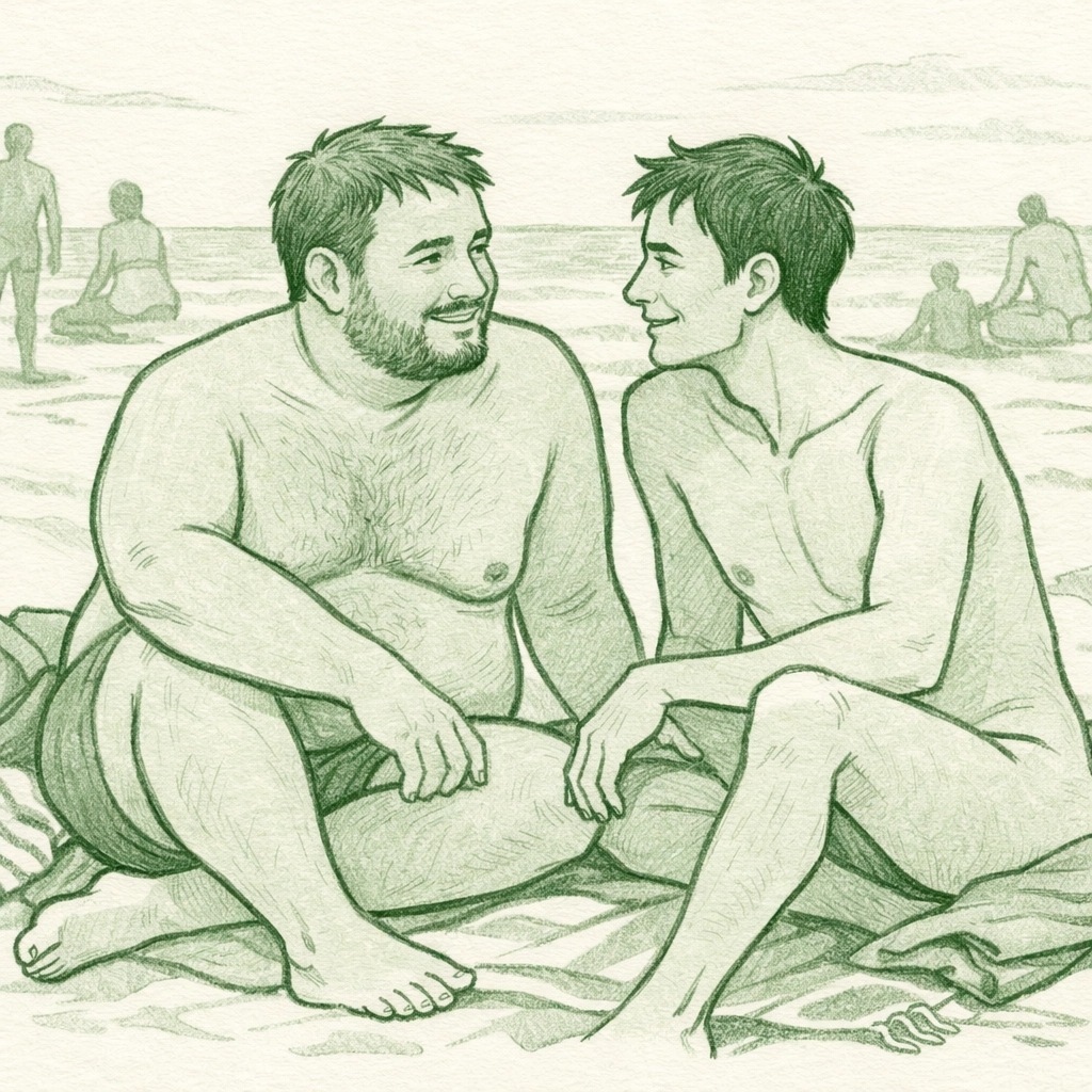 Two men sharing authentic connection at clothing-optional beach showing body acceptance