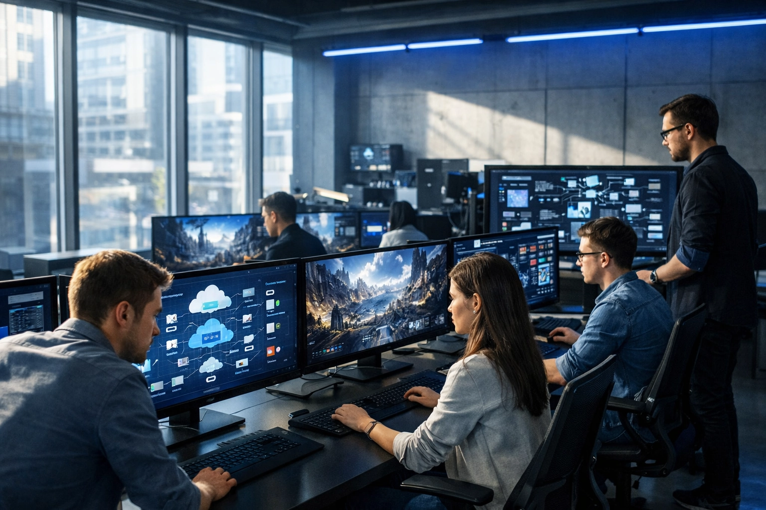 Professionals in a modern Career-Ready Lab analyzing cloud architecture and technical diagrams.