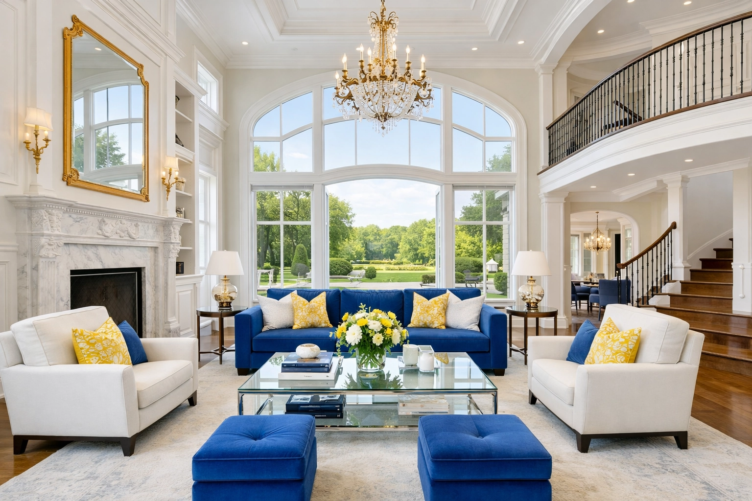 A perfectly dusted and clean open-concept Westford estate living room showing high-end residential cleaning results.