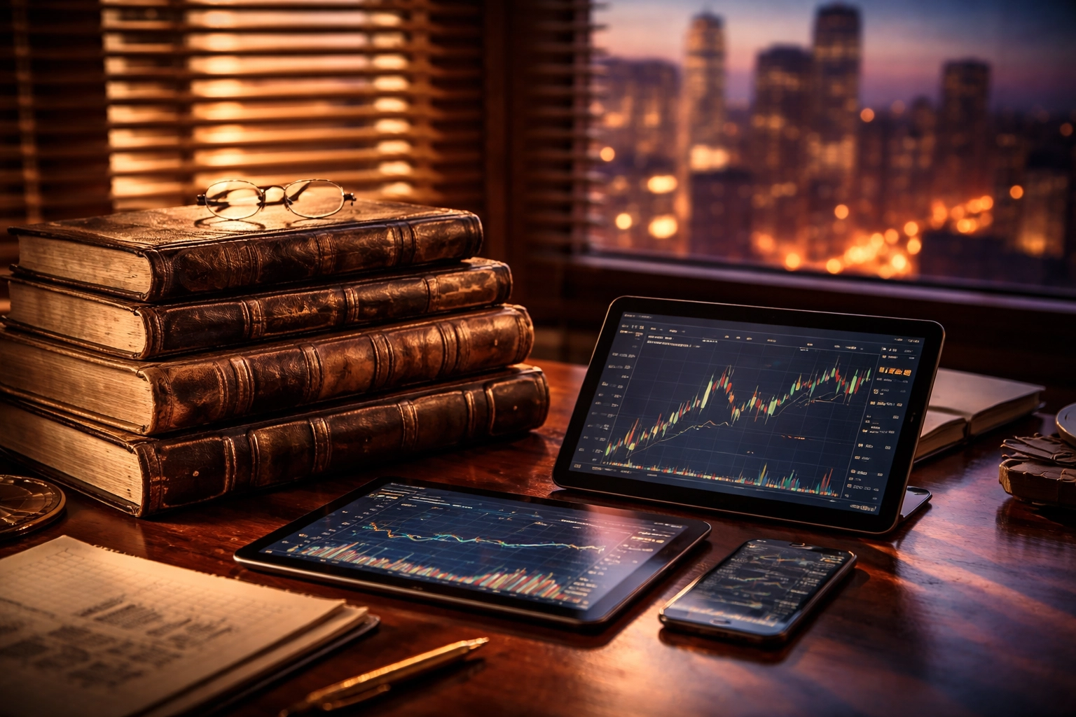 Stacked financial ledgers and digital tablets with charts illustrating advanced investment analysis and strategy.