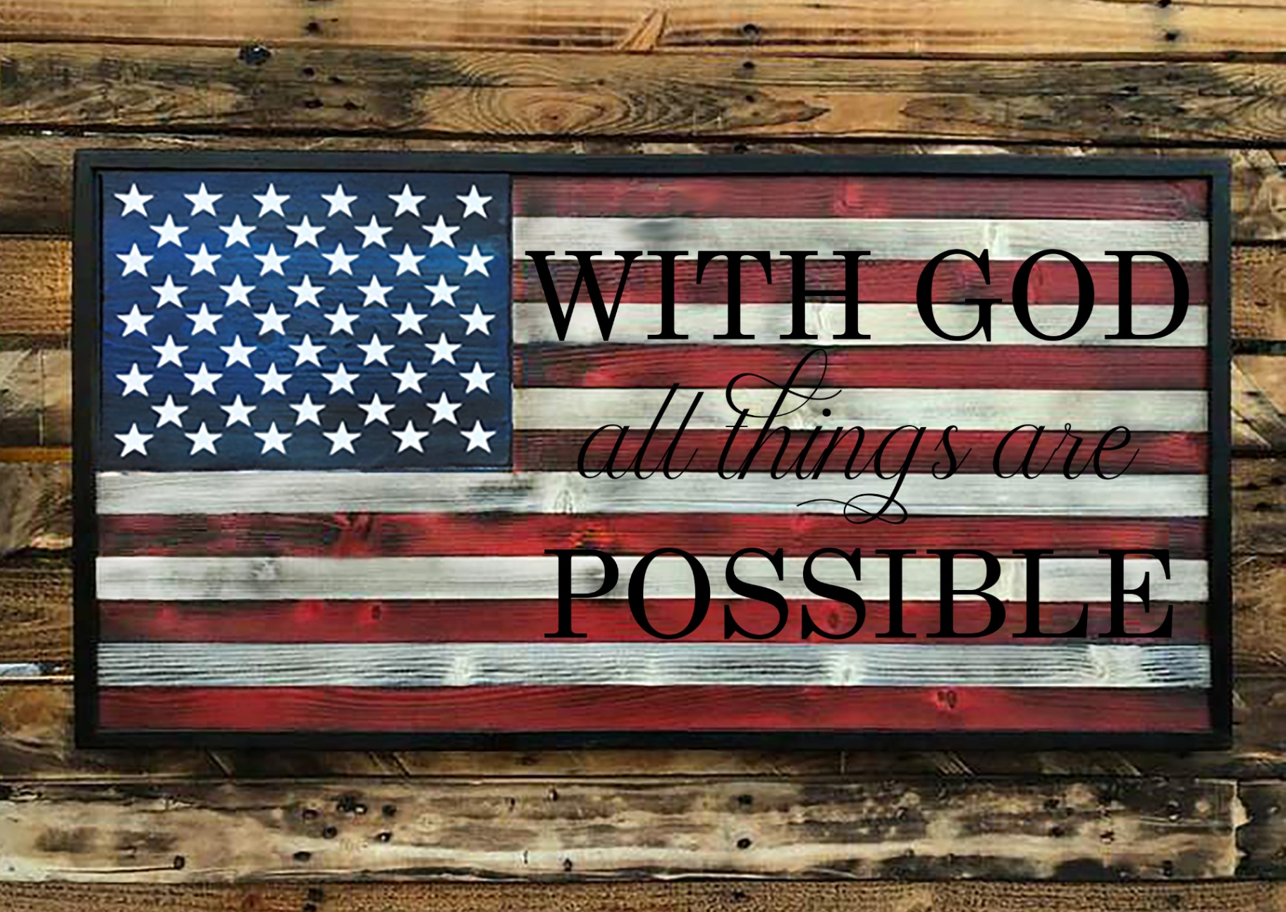 Rustic Wooden American Flag with Cross