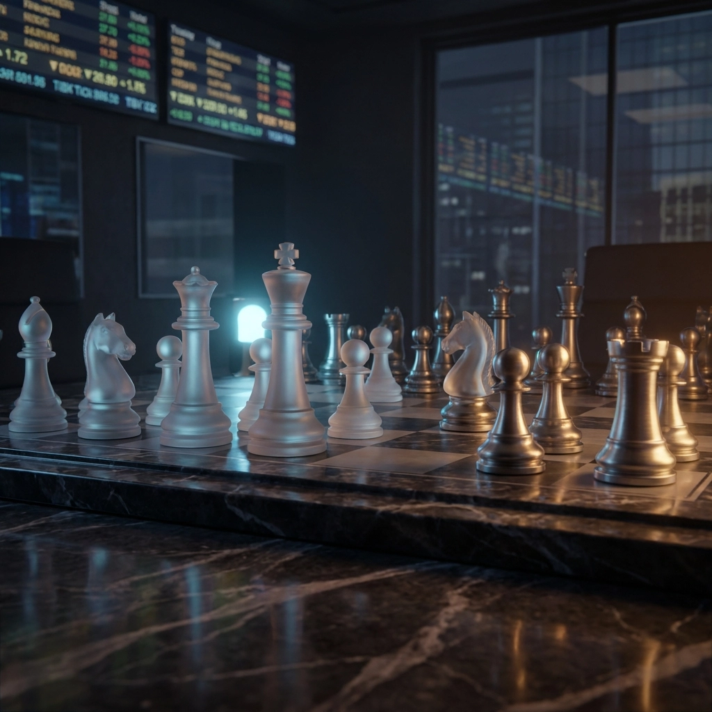 Strategic chess board with a city skyline backdrop symbolizing hedge fund decision-making and risk mitigation.