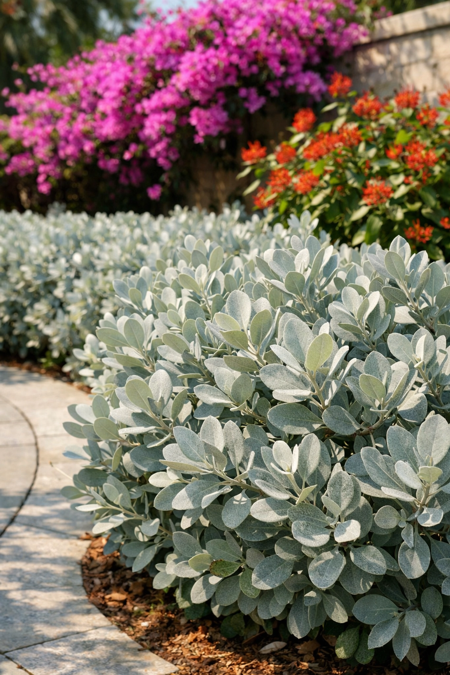 Silver Buttonwood shrubs and colorful Bougainvillea in a Cape Coral salt-tolerant garden