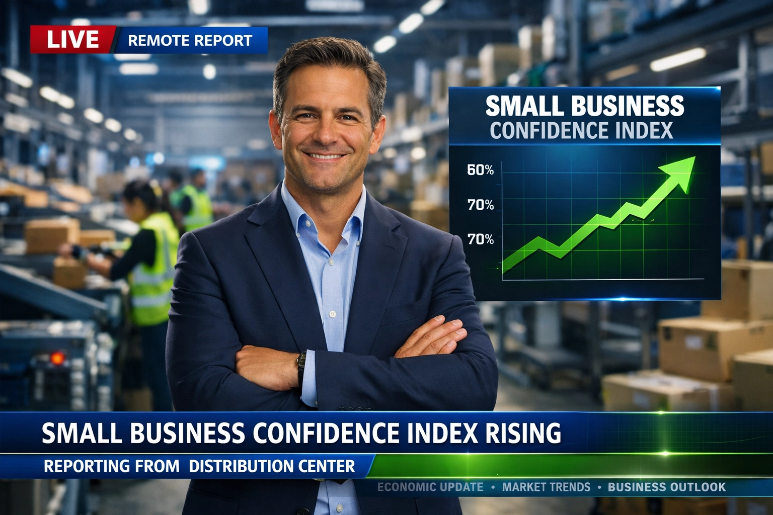 News report showing a business owner with a rising Small Business Confidence Index chart for 2026 growth.