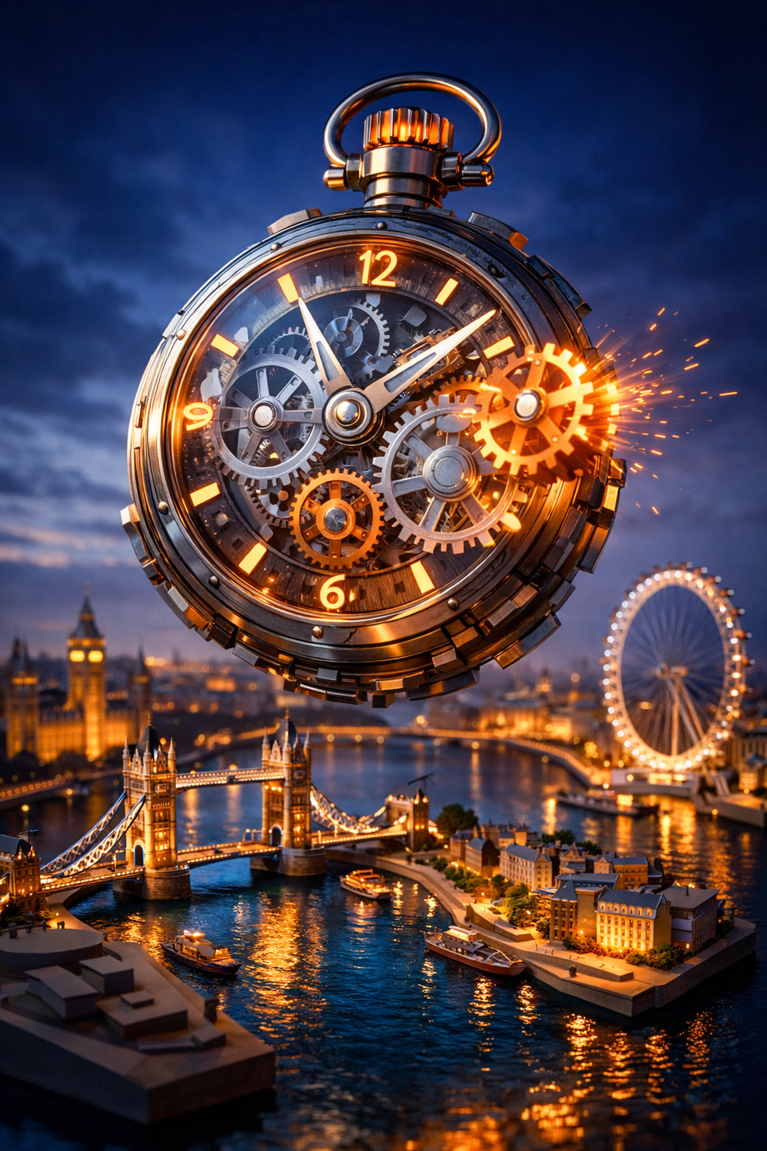 Clock jumping forward over the River Thames to represent London daylight saving time and the BST shift.