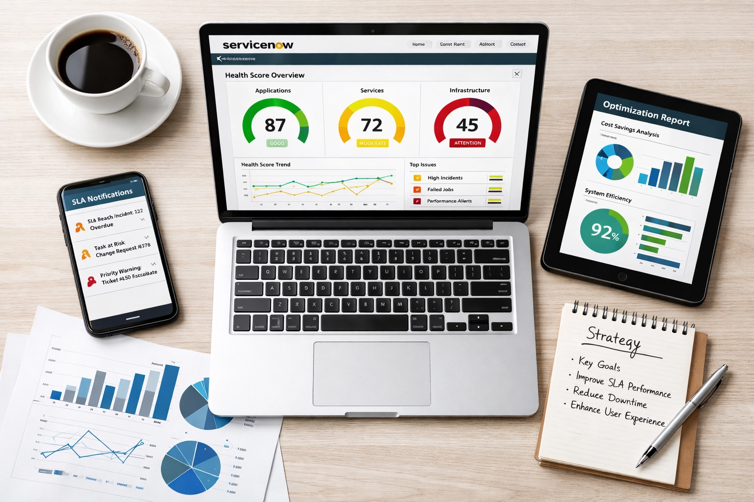 ServiceNow platform dashboard displaying health scores and optimization metrics