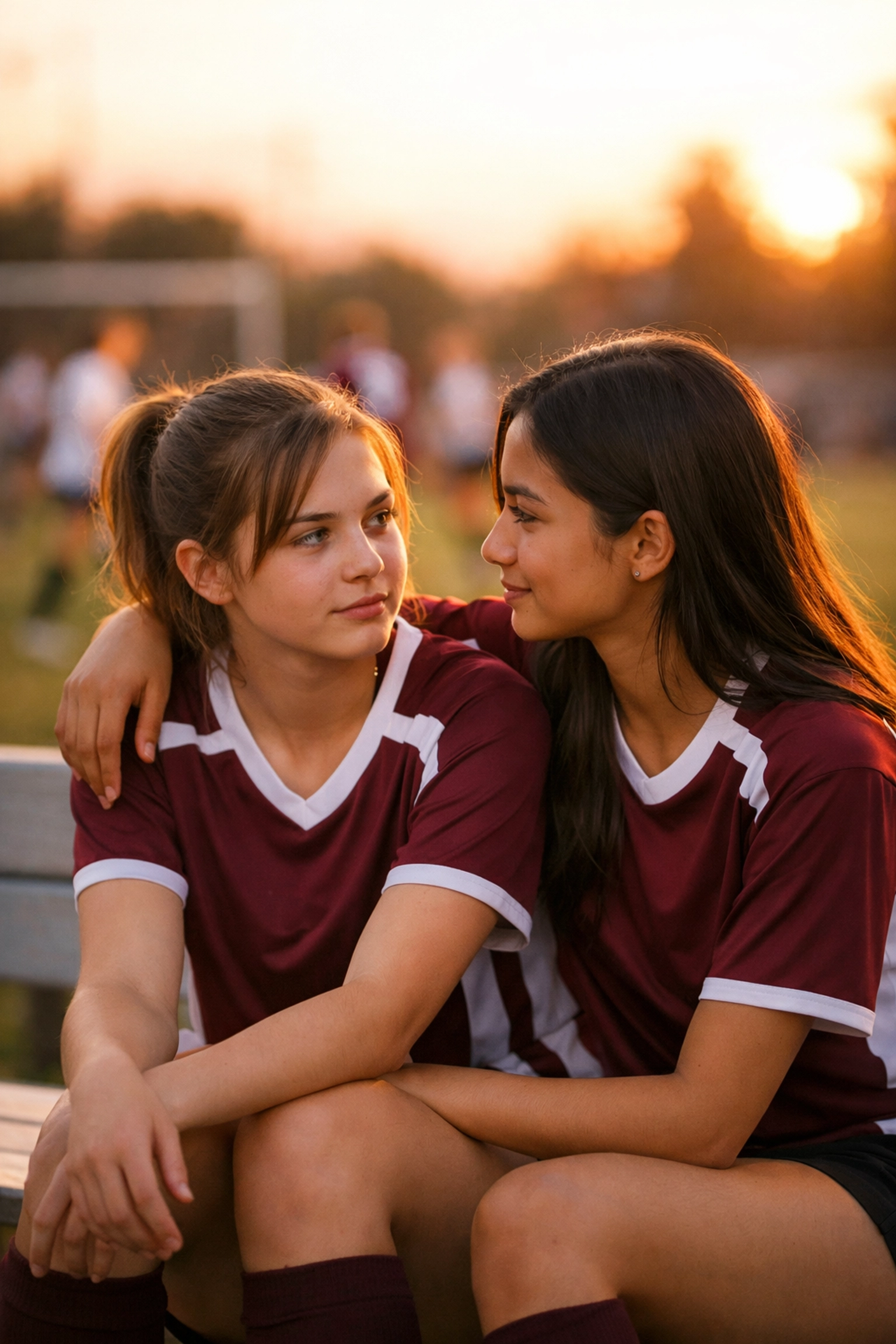 Two high school girls on a sports sideline, one with her arm around the other's shoulder after a tough game, looking at each other rather than the field.