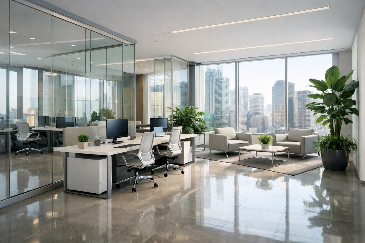 Clean, modern office in Detroit with polished floors, highlighting customized commercial cleaning for high-end tenants.