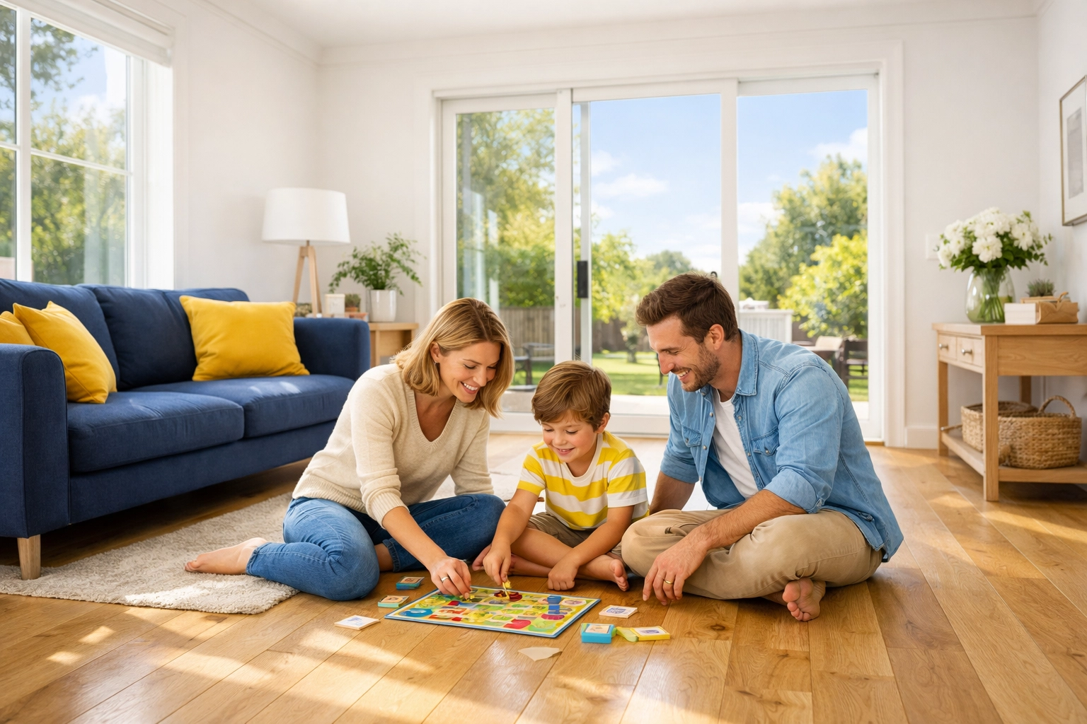 A happy family relaxing in a clean living room after a weekly house cleaning Marlborough service.