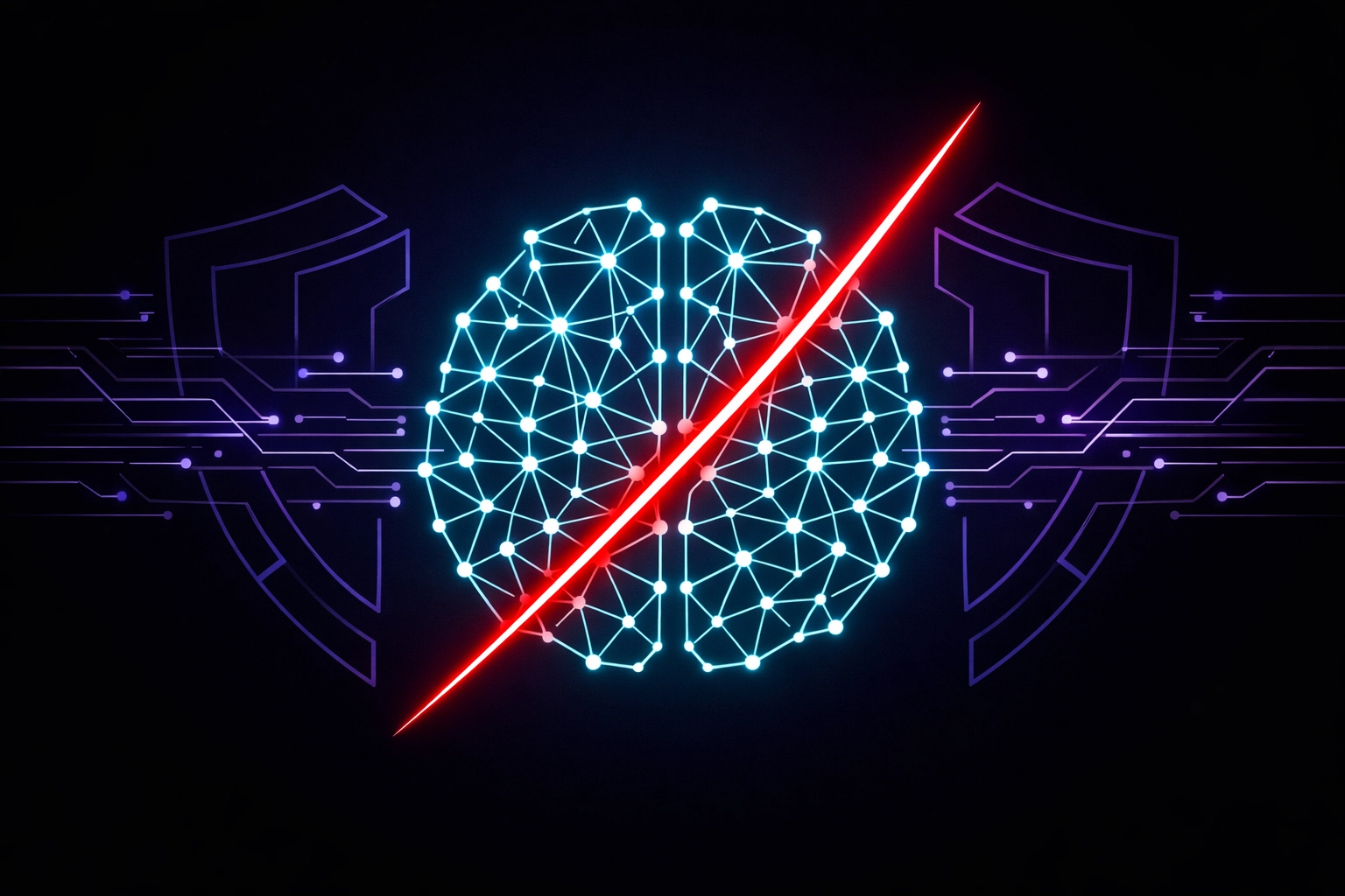 Neon neural network with a red boundary line representing sovereign AI governance and enterprise security control.