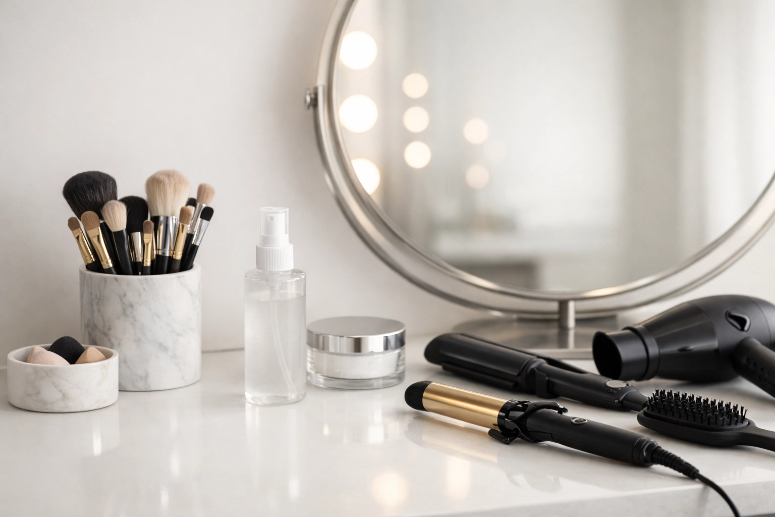 Faceless studio styling prep flat lay with makeup brushes and tools in soft, editorial lighting for a luxury portrait experience in Pittsburgh.