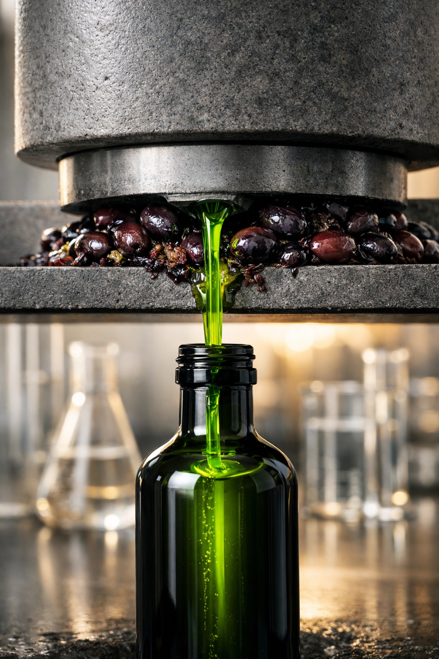 Traditional stone press extracting fresh cold-pressed olive oil into a protective dark glass bottle.