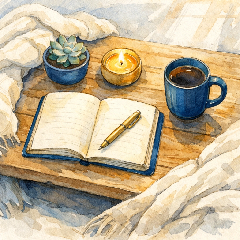 Home worship sanctuary setup with candle, journal, and coffee for Sunday prep ritual