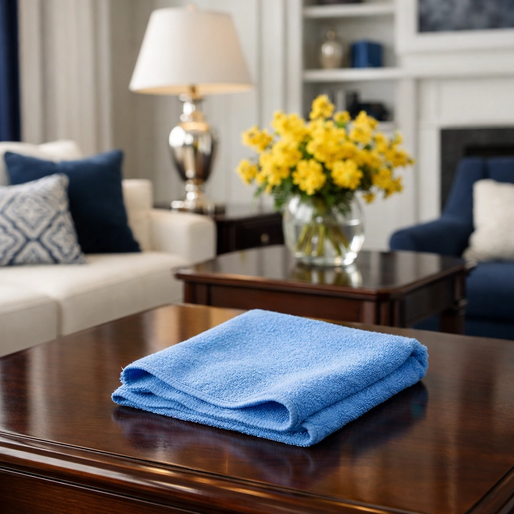 Using a high-quality microfiber cloth for dust-free apartment cleaning in a Westborough living room.