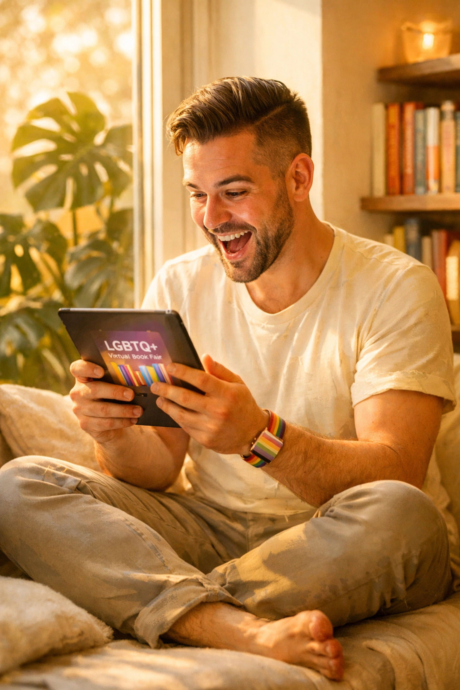 A happy gay man browsing an LGBTQ+ virtual book fair for new gay releases on his tablet.