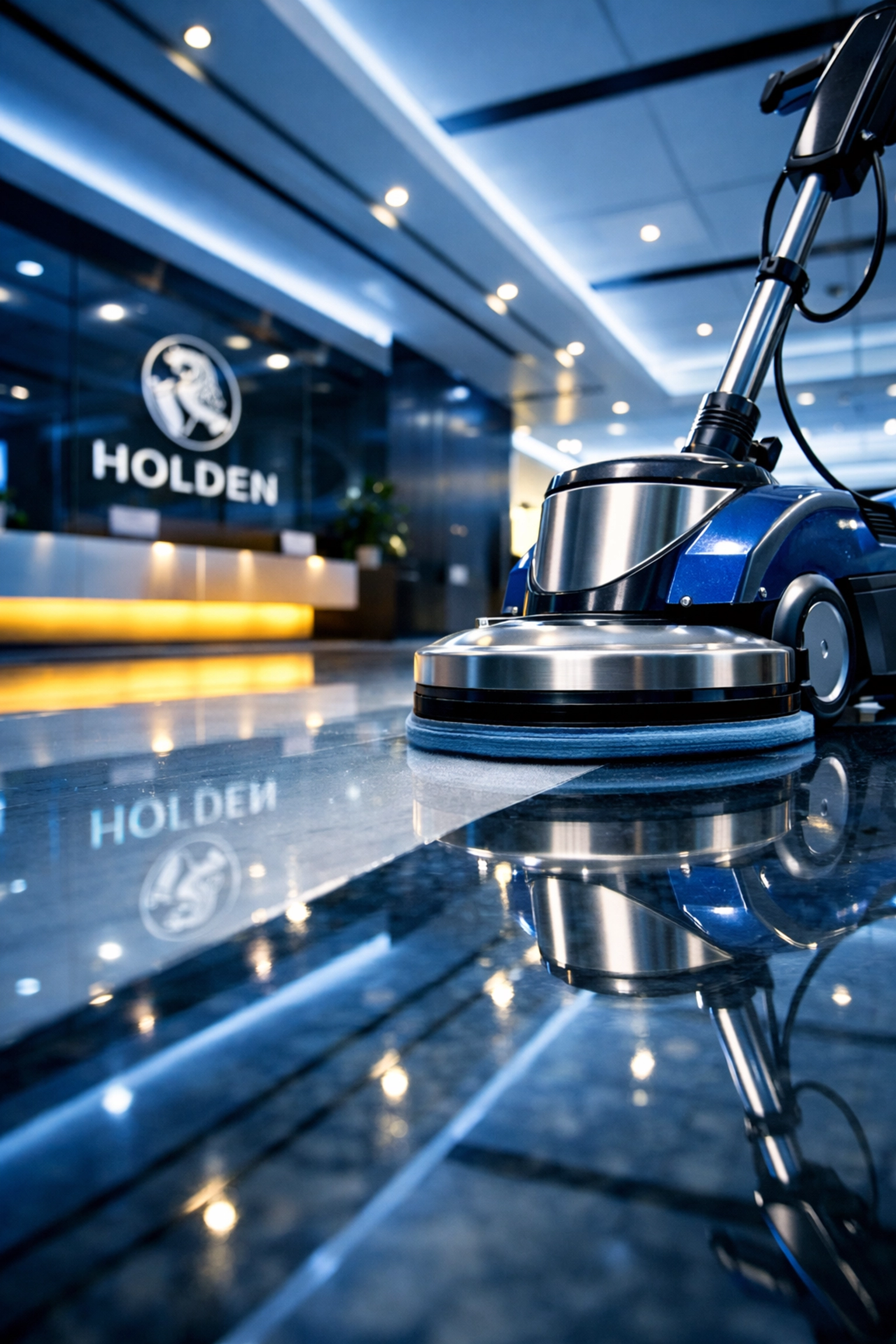 Polished marble lobby floor in a Holden business being cleaned by a professional floor buffer.