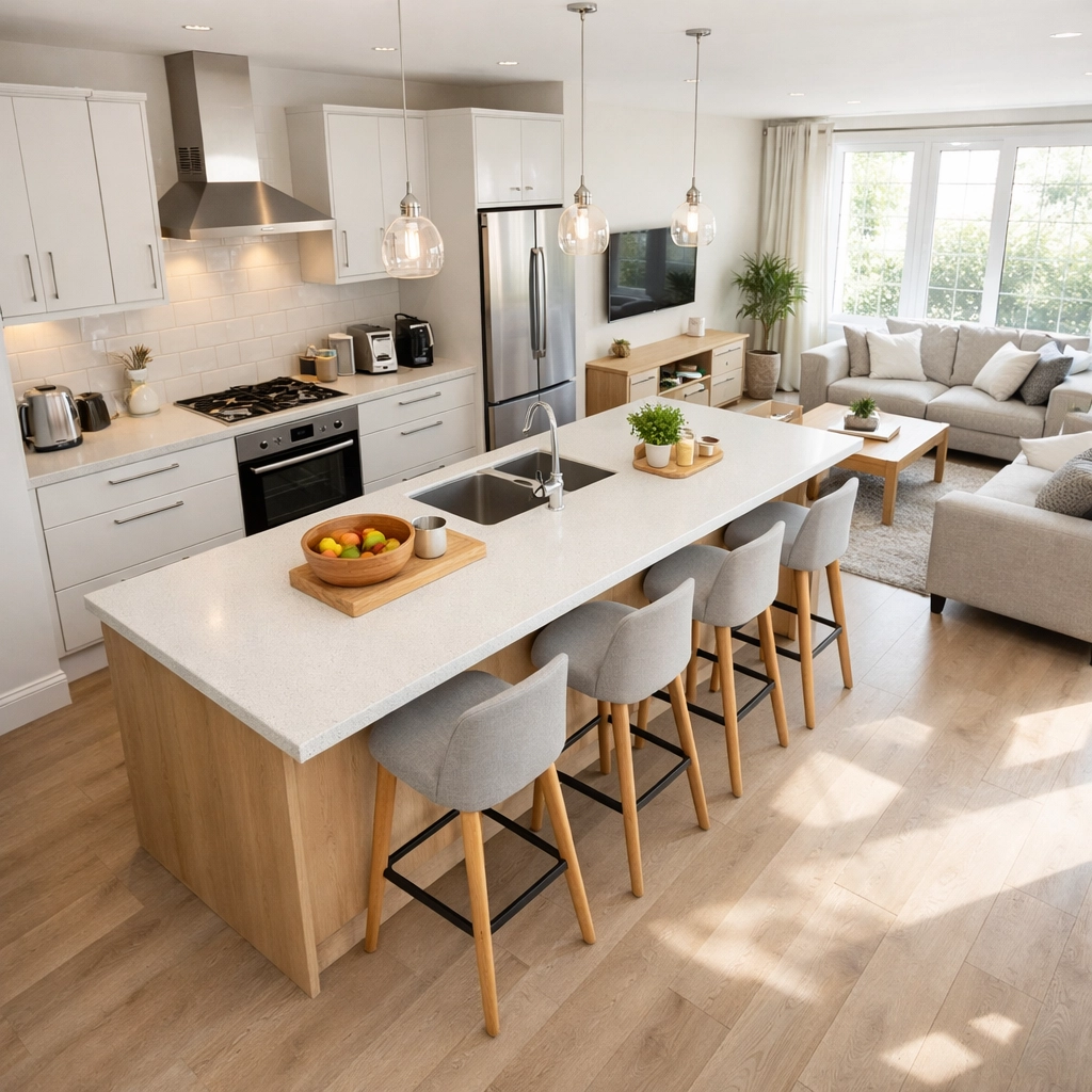 Modern HMO communal kitchen and living area with island seating and open-plan design