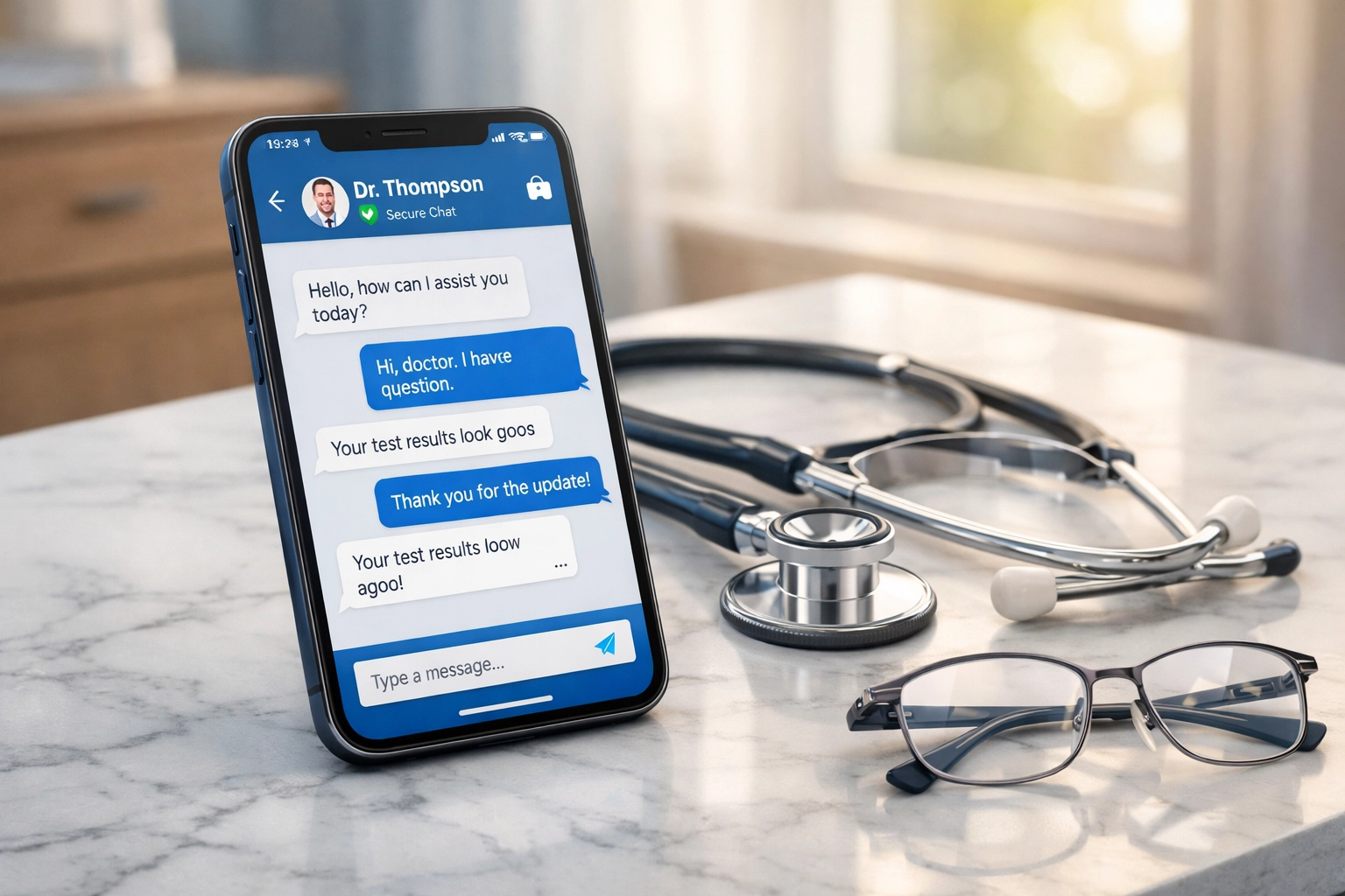 Online doctor consultation via secure text messaging on a smartphone with a stethoscope on a desk.