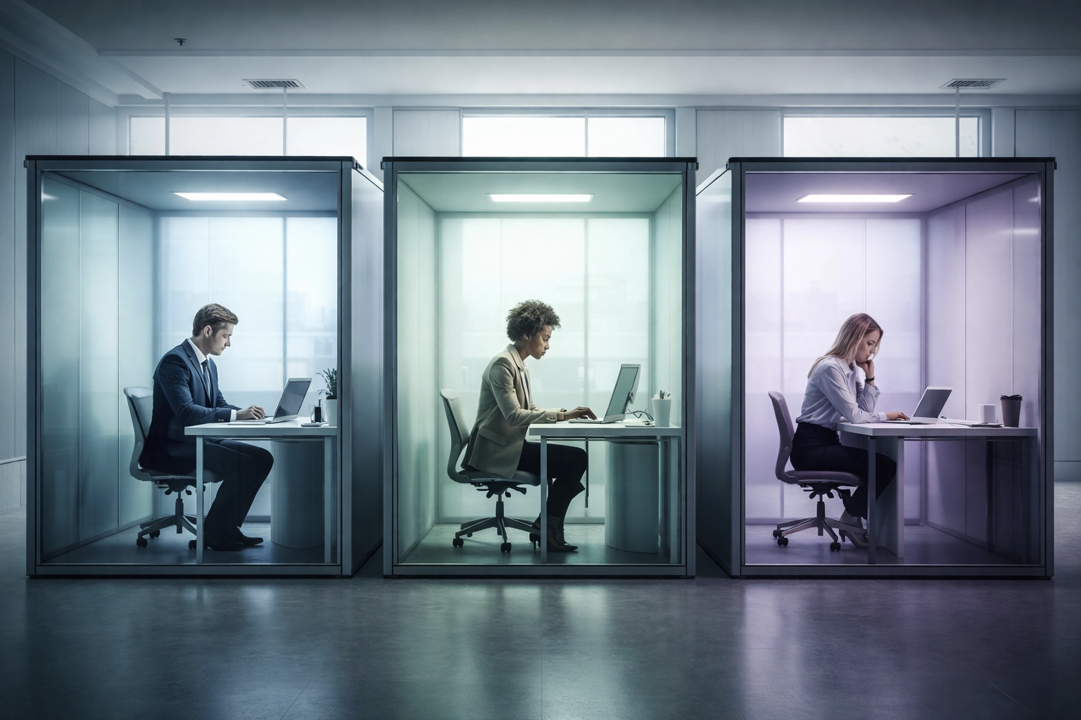 Isolated office professionals in separate cubicles highlighting inefficiency of traditional silos