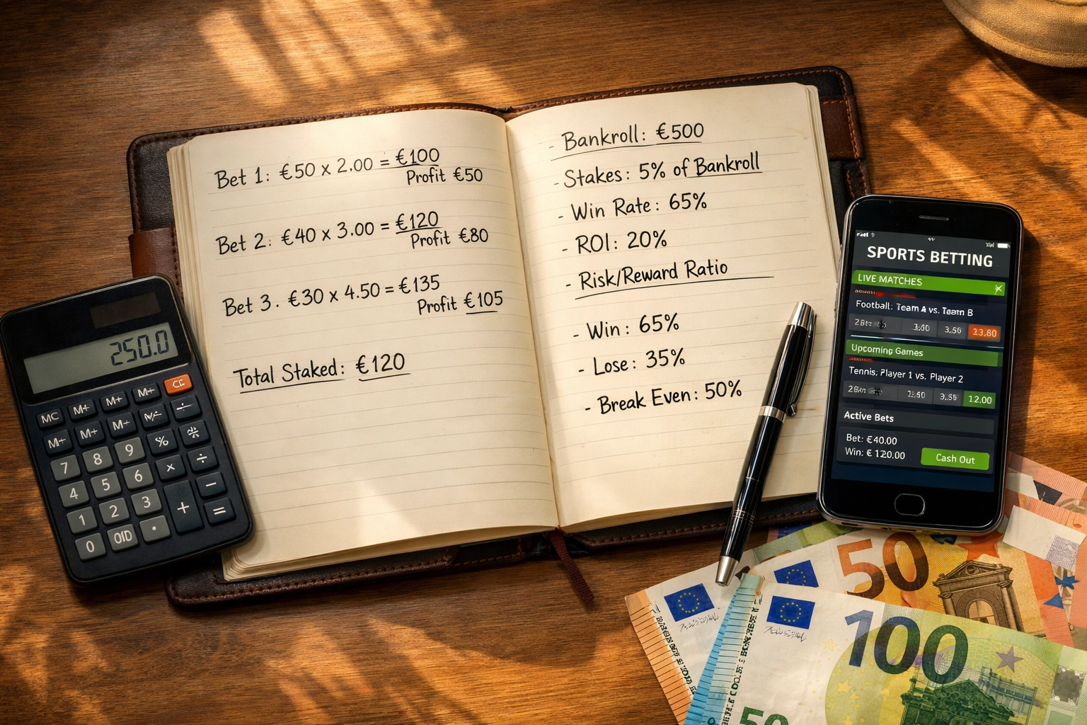 Bankroll-Management Sportwetten: Notizbuch mit Berechnungen, Taschenrechner und Euro-Banknoten