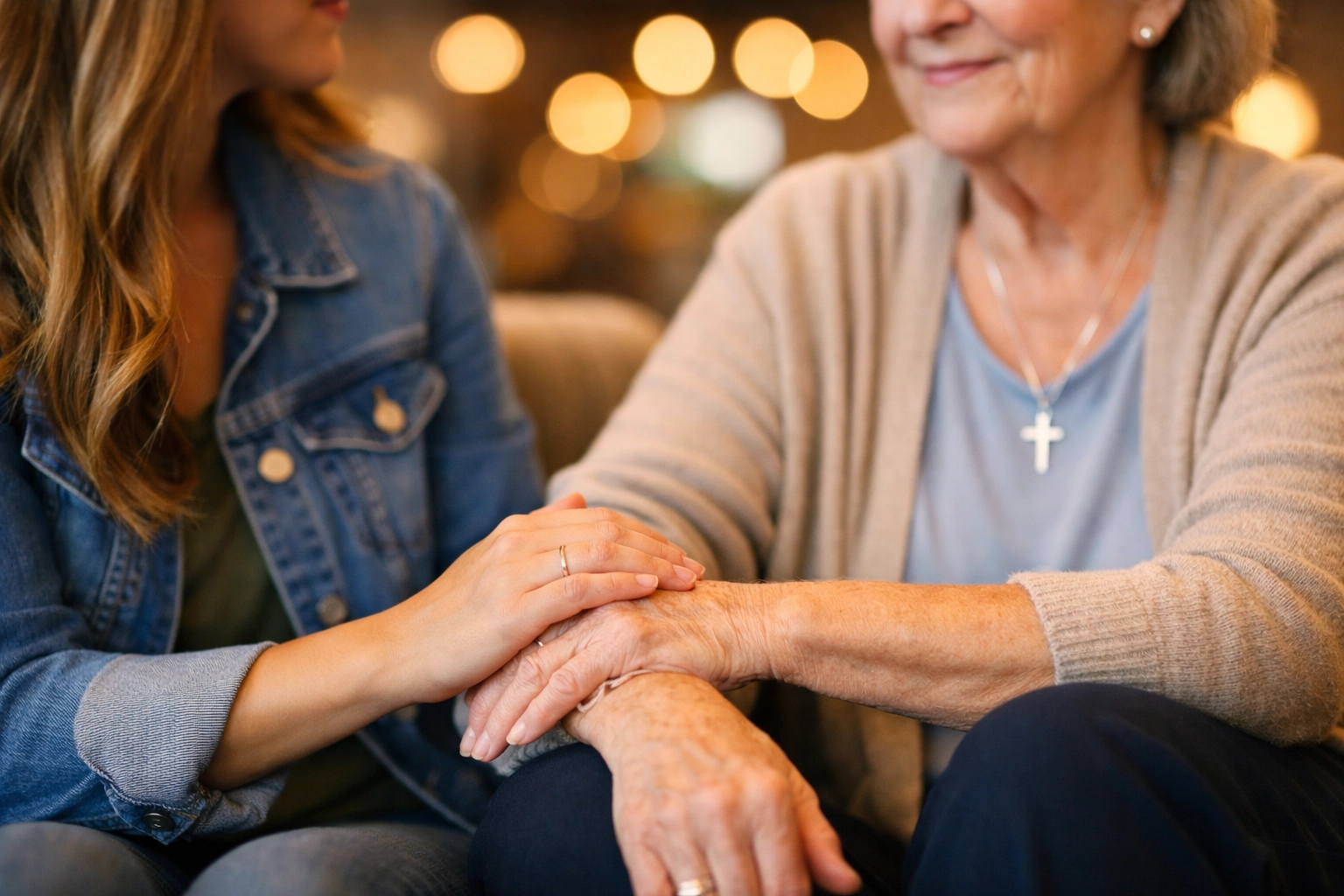 A supportive hand on a friend's arm, illustrating real community and the command to love one another.