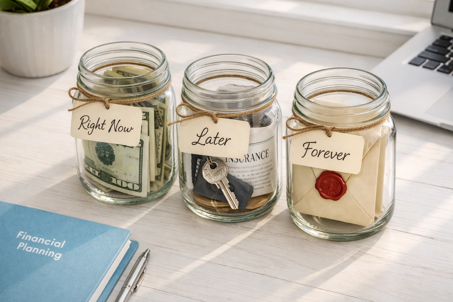 Three glass jars labeled Right Now, Later, Forever representing financial planning buckets with cash, documents, and legacy items