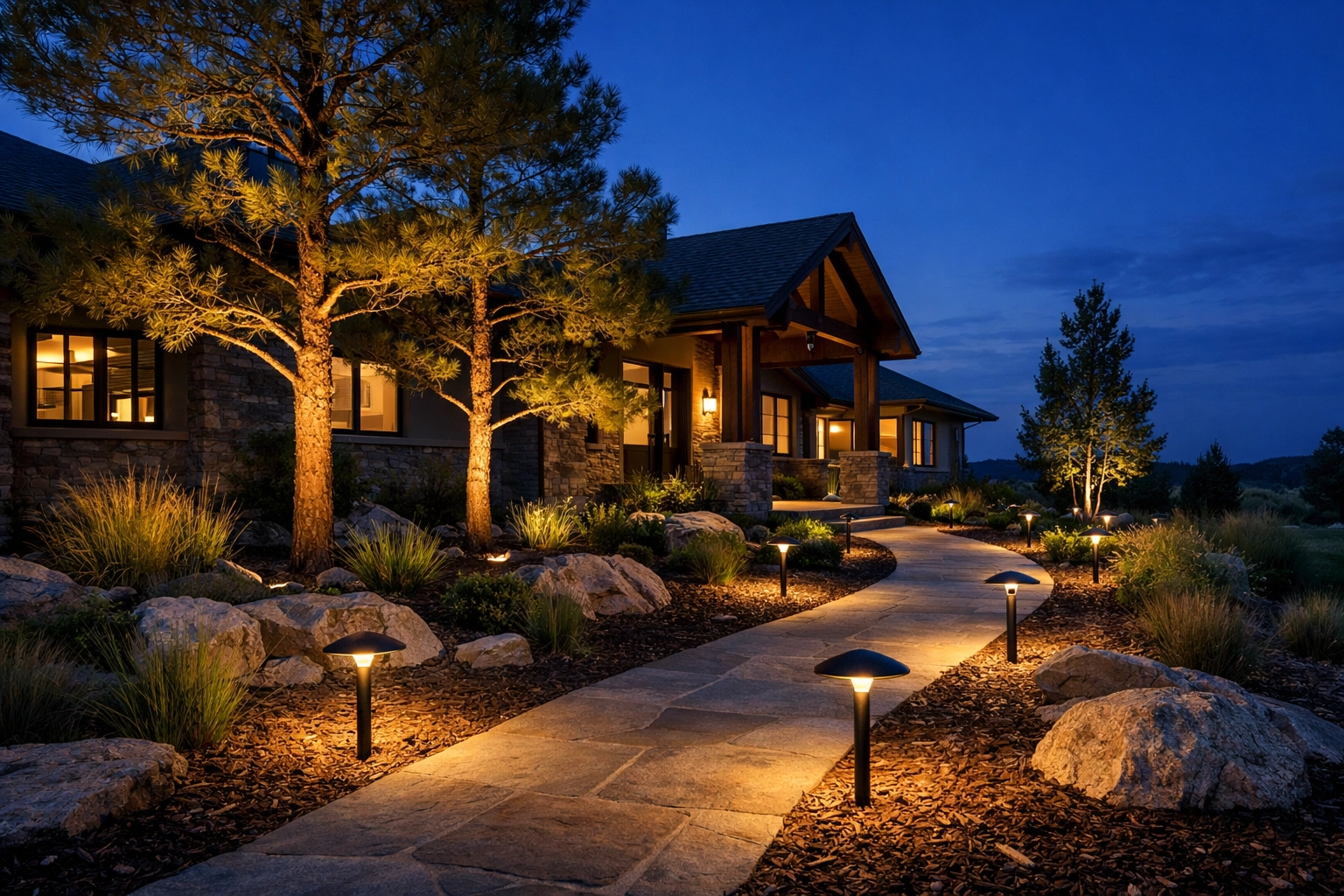 Energy-efficient LED landscape lighting installation on Aurora Colorado home at dusk