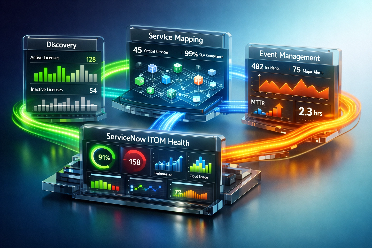 ServiceNow ITOM Health dashboard displaying active usage metrics and license optimization