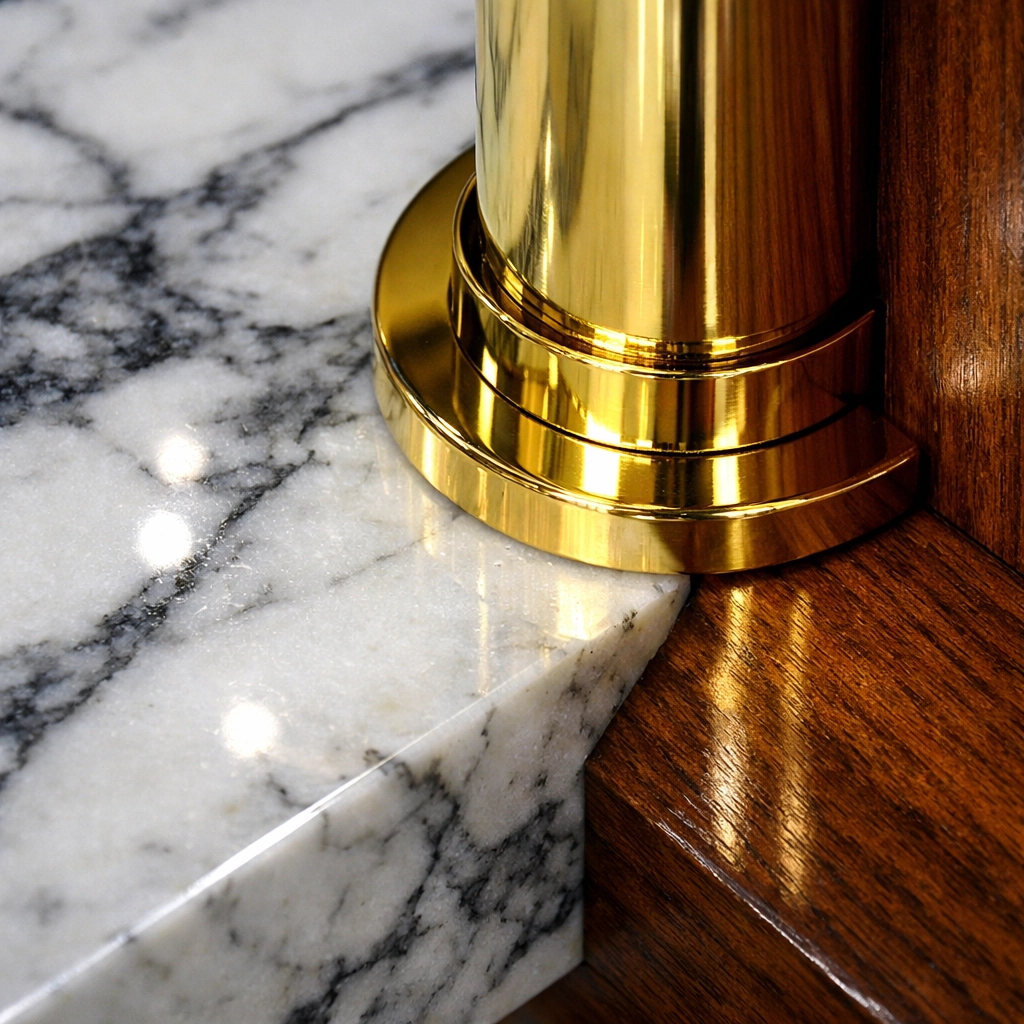 Close-up of polished marble and wood surfaces reflecting the high standards of Sudbury cleaning services.