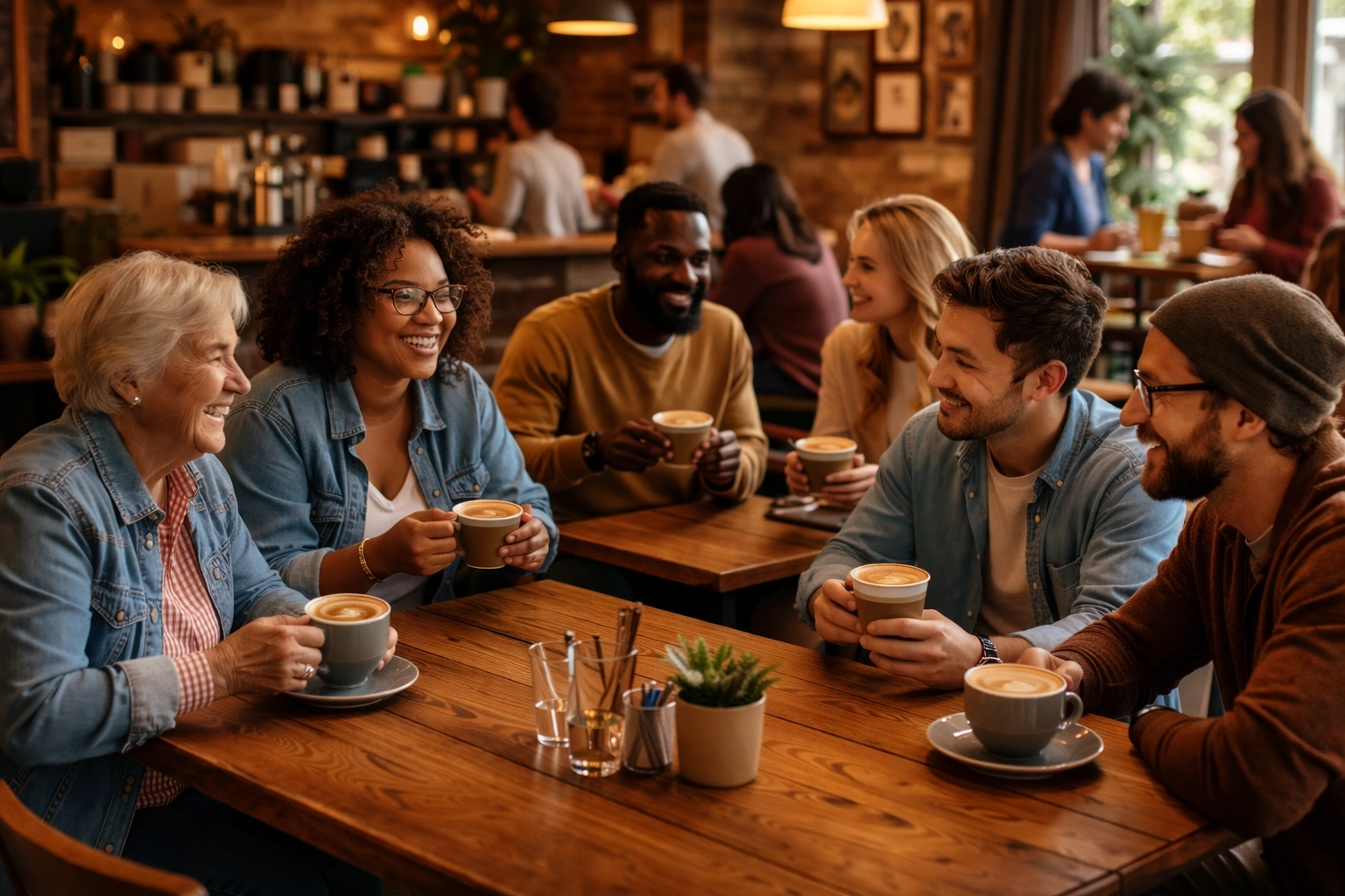 Friends enjoying coffee together in a cozy cafe, holding ceramic cups with latte art.