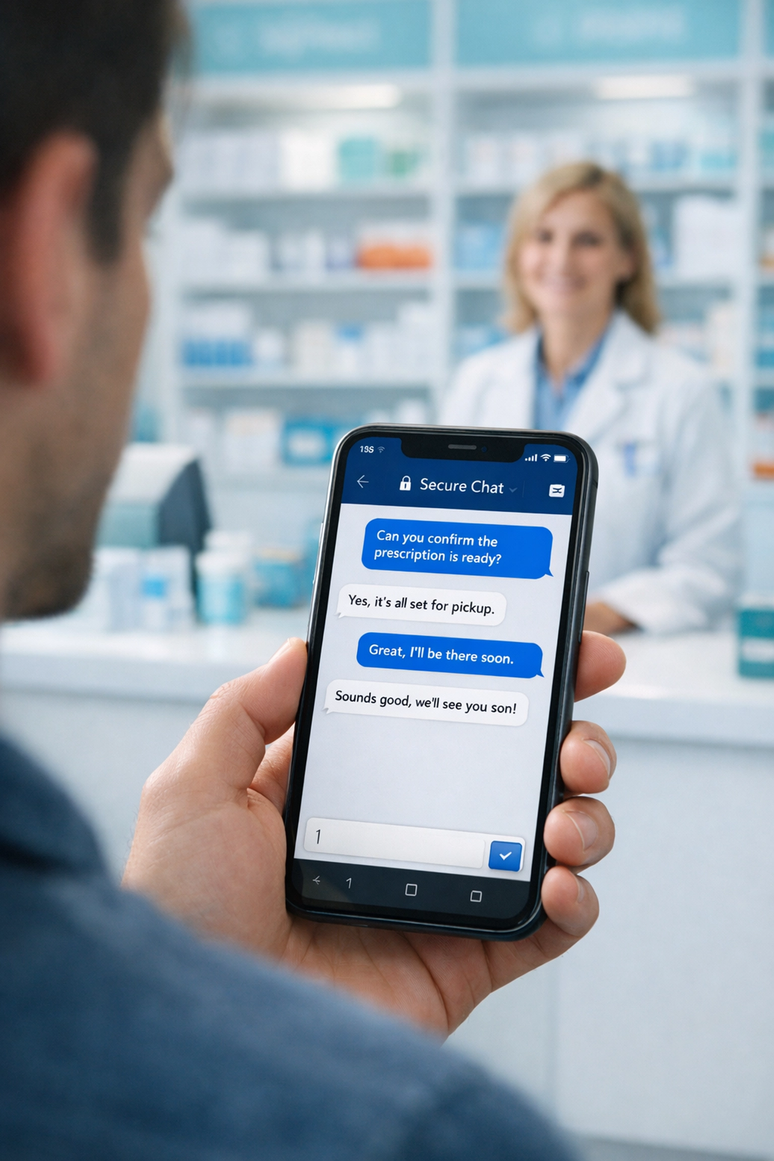 A person using secure text-based medical chat for a fast online prescription refill ready at the pharmacy.