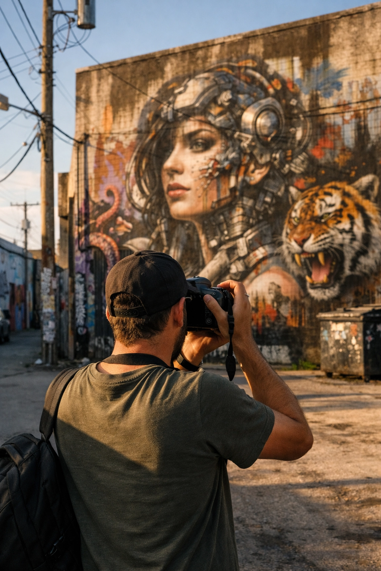 Photographer framing a vibrant mural at Wynwood Walls during a private Miami photography tour.