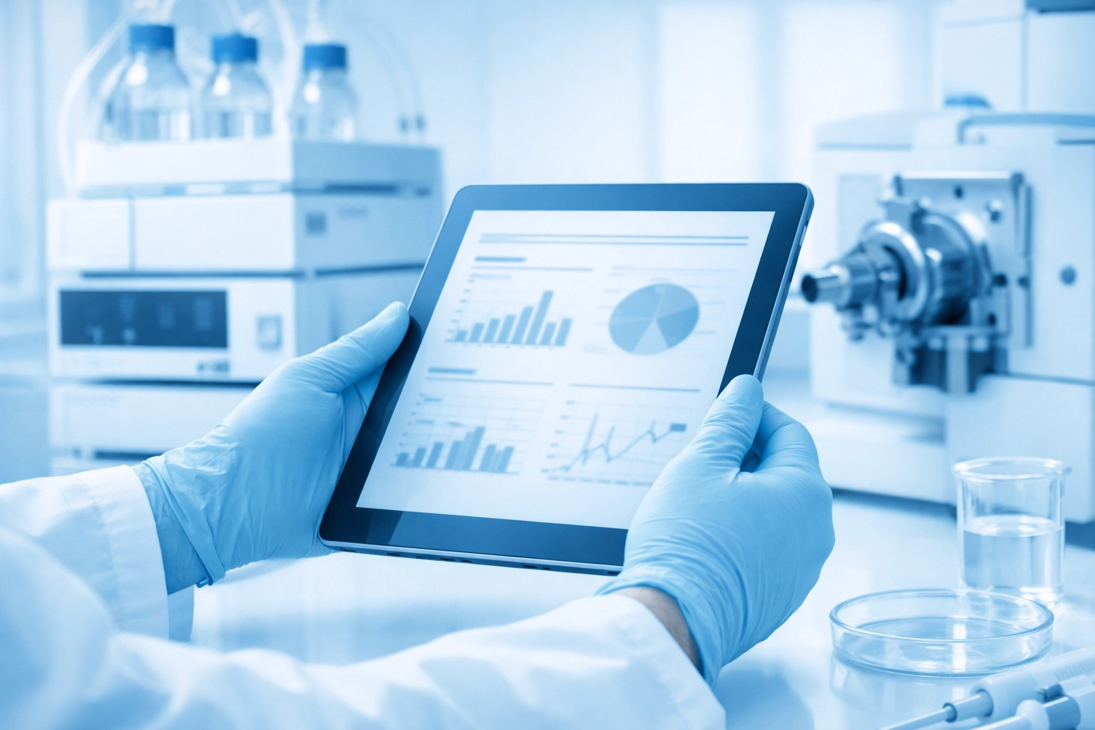 Gloved hands reviewing quality-control documentation beside modern lab instrumentation under a cool blue overlay, illustrating third-party testing and batch-level COA verification.