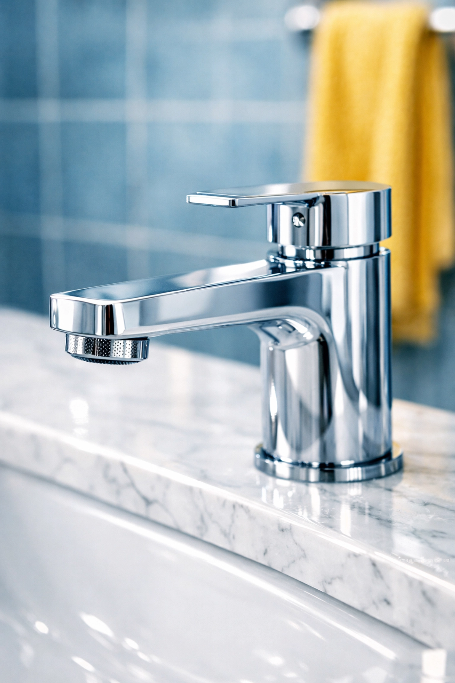 Sanitized chrome bathroom faucet and marble vanity reflecting the professional cleaning standards in Salisbury.
