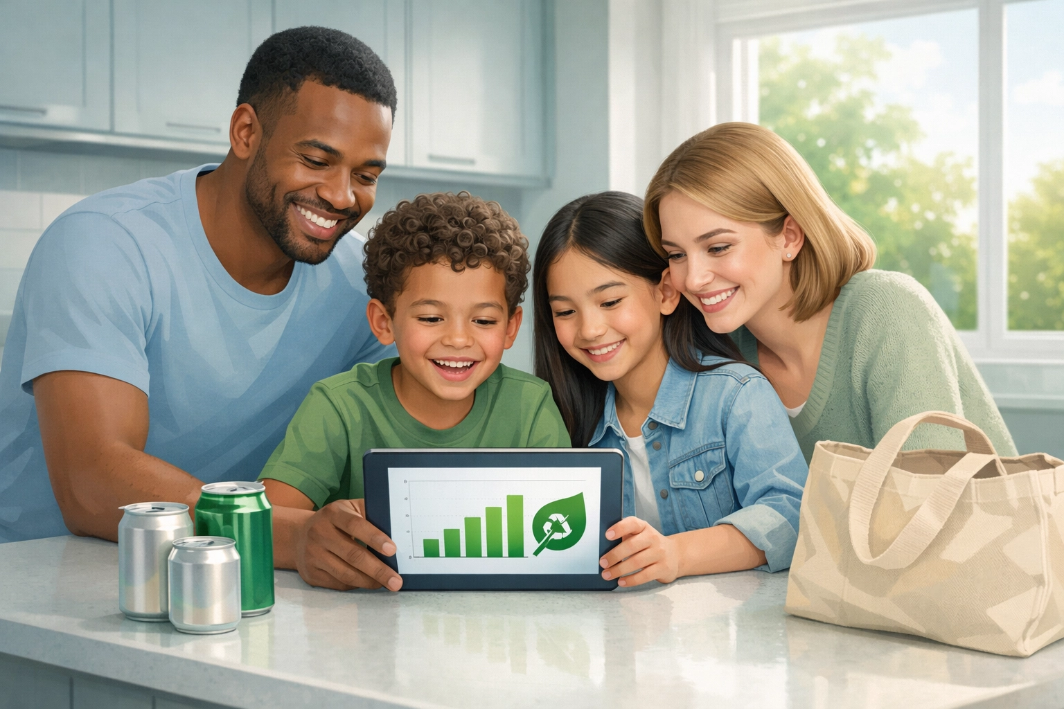 Family tracking their aluminum can recycling earnings together on a tablet in their kitchen