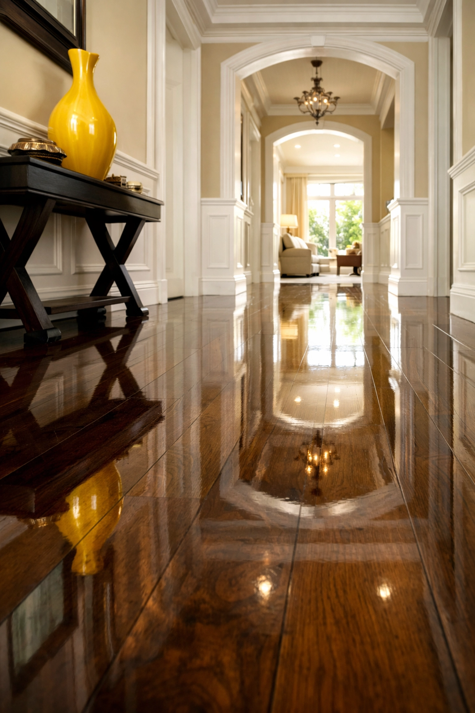 Mirror-like polished hardwood floors in a Wellesley home after a professional move-in cleaning.
